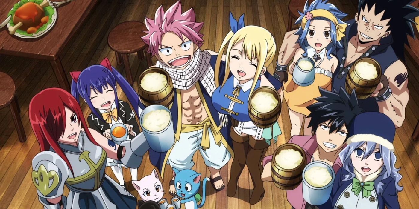 Natsu and the Fairy Tail guild celebrate in Fairy Tail.